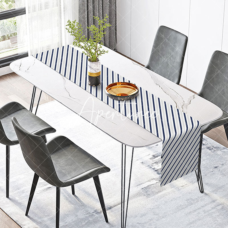 Aperturee - Navy Blue Grey White Diagonal Stripes Table Runner