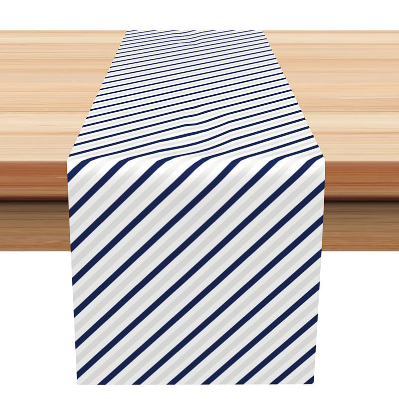 Aperturee - Navy Blue Grey White Diagonal Stripes Table Runner