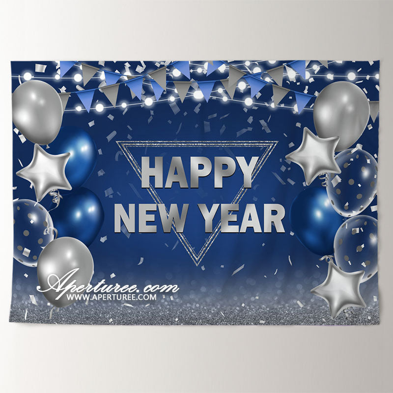 Aperturee - Navy Blue Silver Balloon Flag New Year Backdrop