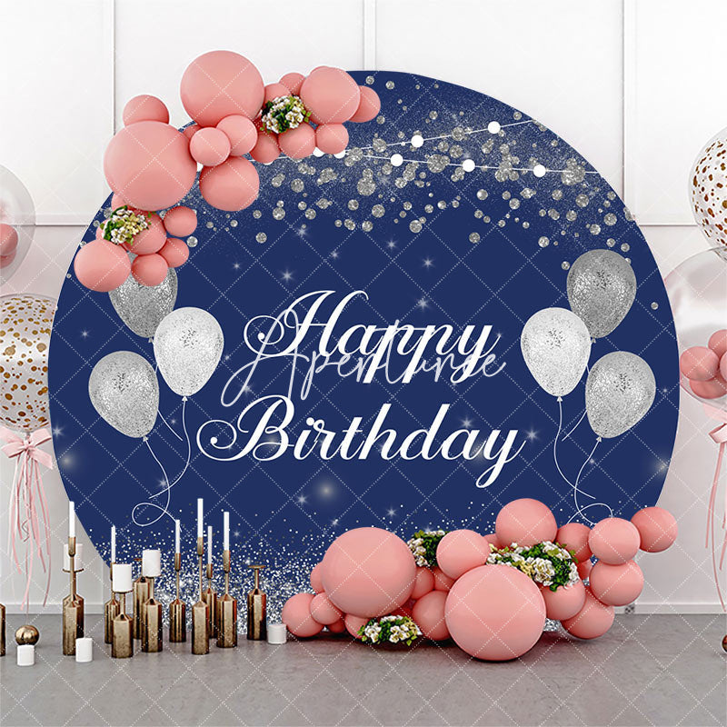 Aperturee - Navy Blue Silver Balloons Round Birthday Backdrop