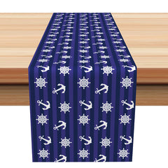 Aperturee - Navy Blue White Rudder Anchor Coastal Table Runner