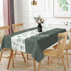 Aperturee - Navy Green Elegant Spring Leaves Rectangle Tablecloth