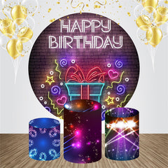 Aperturee - Neon Brick Wall Round Happy Birthday Backdrop Kit