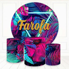 Aperturee Neon Pink Blue Leaves Farola Round Birthday Backdrop Kit