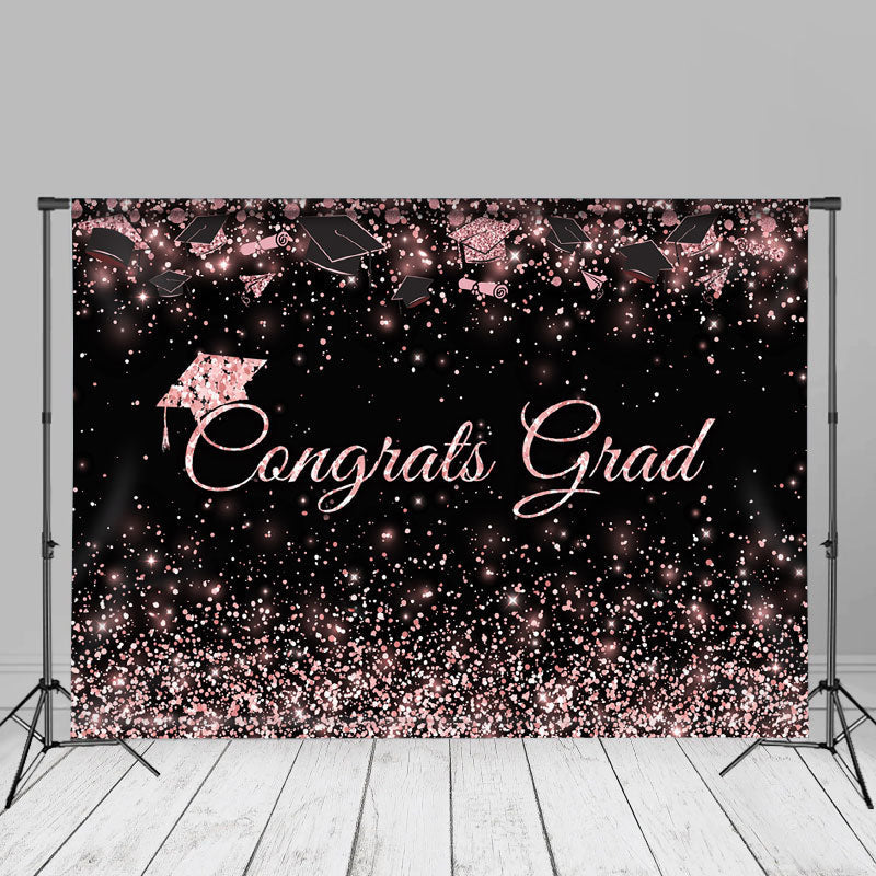 Aperturee - Neon Pink Glitter Black Congrats Grad Photos Backdrop