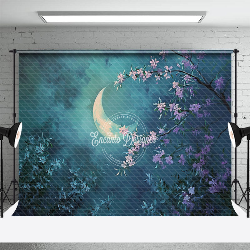 Aperturee - Night Cloud Moon Leaves Lilac Floral Photo Backdrop