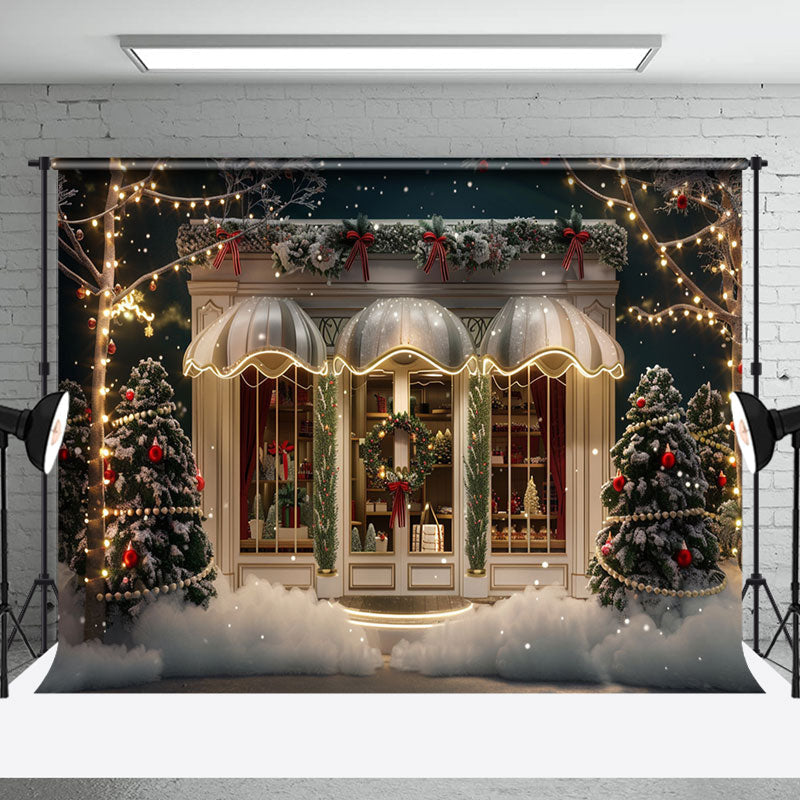 Aperturee - Night Light Snow White Door Christmas Trees Backdrop