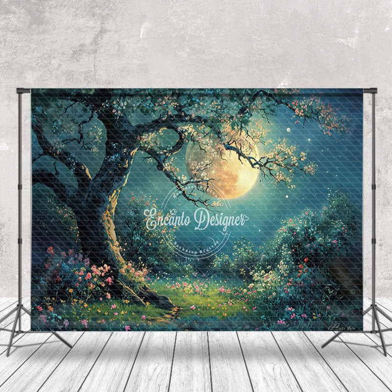 Aperturee - Night Moon Blossom Tree Grass Undergrowth Backdrop