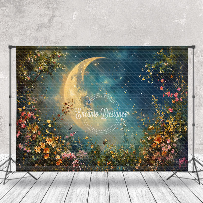 Aperturee - Night Moon Colorful Flower Leaves Photography Backdrop