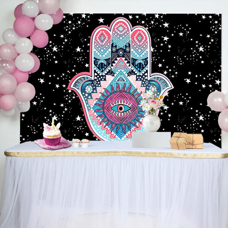 Aperturee - Night Sky Stars Hamasa Hand Pattern Birthday Backdrop