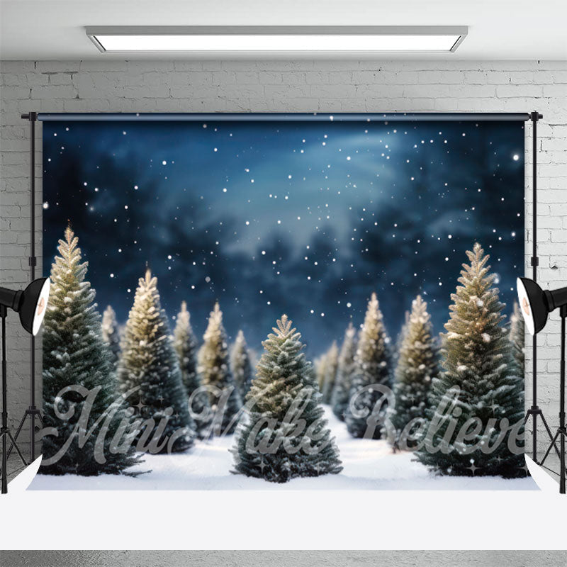 Aperturee - Night Snowy Green Abies Forest Christmas Backdrop