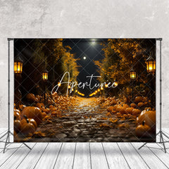 Aperturee - Night Stone Path Pumpkin Light Autumn Photo Backdrop