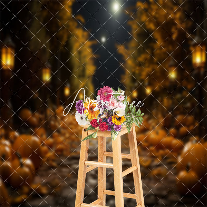 Aperturee - Night Stone Path Pumpkin Light Autumn Photo Backdrop