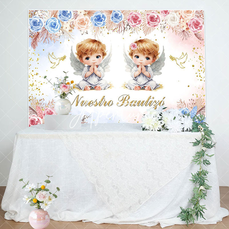 Aperturee - Nuestro Bautizo Angel Flowers Birds Baptism Backdrop