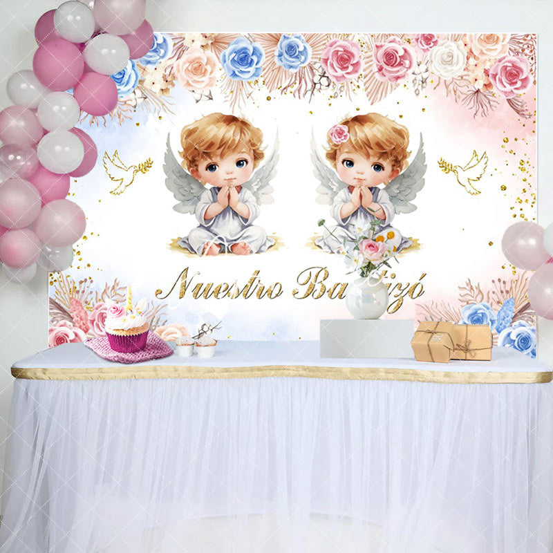 Aperturee - Nuestro Bautizo Angel Flowers Birds Baptism Backdrop