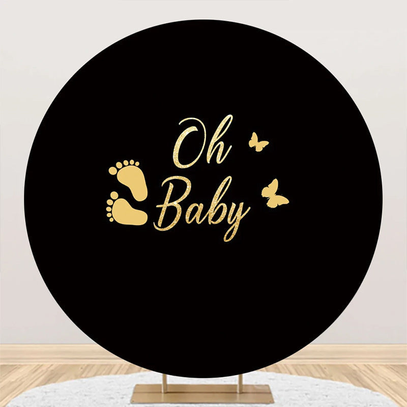 Aperturee - Oh Baby Black Footprint Round Gender Reveal Backdrop