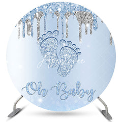 Aperturee Oh Baby Blue And Silver Glitter Feet Baby Shower Backdrop