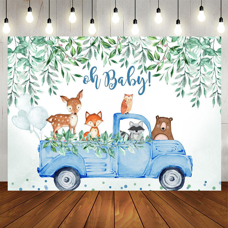 Aperturee - Oh baby blue car with animals boy baby shower backdrop