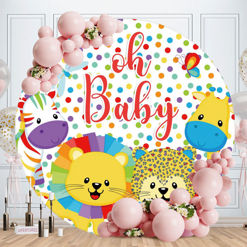 Aperturee - Oh Baby Color Animals Round Baby Shower Backdrop