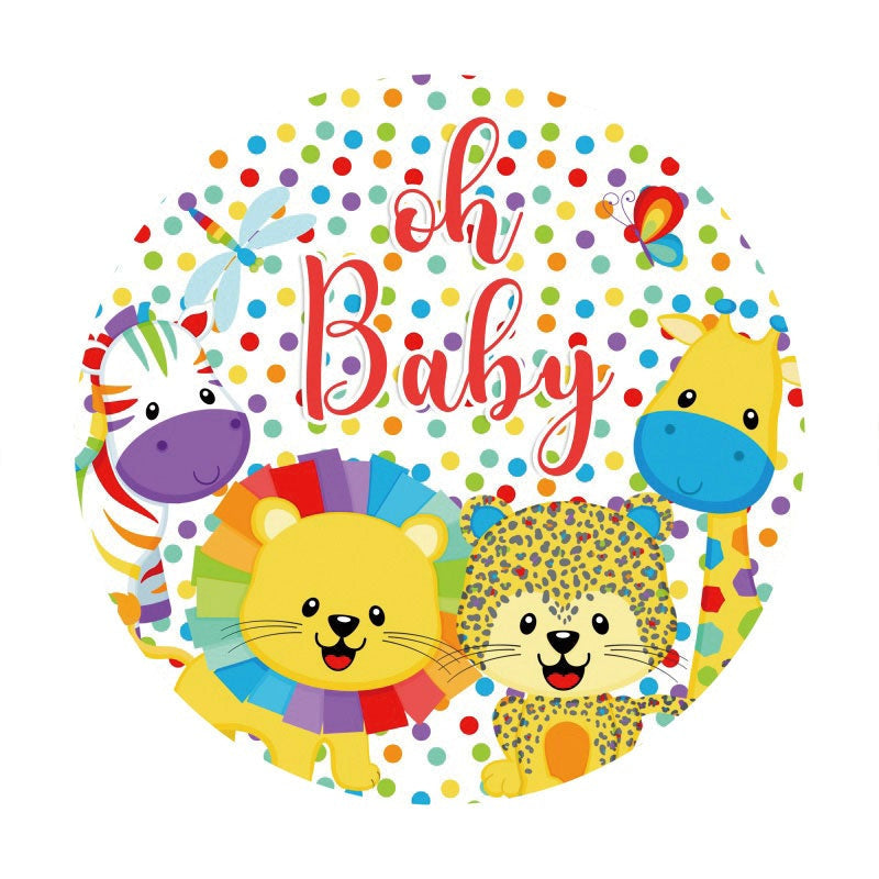 Aperturee - Oh Baby Color Animals Round Baby Shower Backdrop