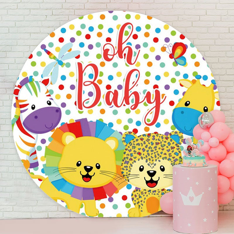 Aperturee - Oh Baby Color Animals Round Baby Shower Backdrop