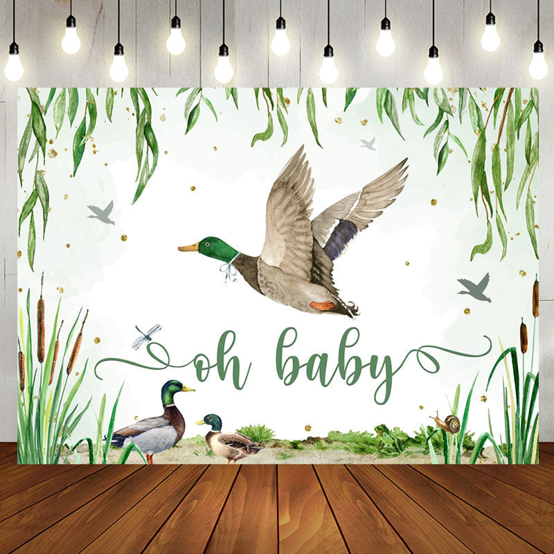 Aperturee - Oh Baby Green Leaves Duck Gender Reveal Backdrop