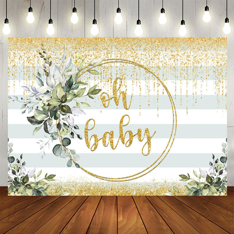 Aperturee - Oh Baby Greenery Gold Glitter Backdrop for Baby Shower