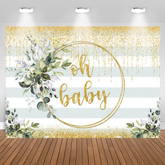 Aperturee - Oh Baby Greenery Gold Glitter Backdrop for Baby Shower