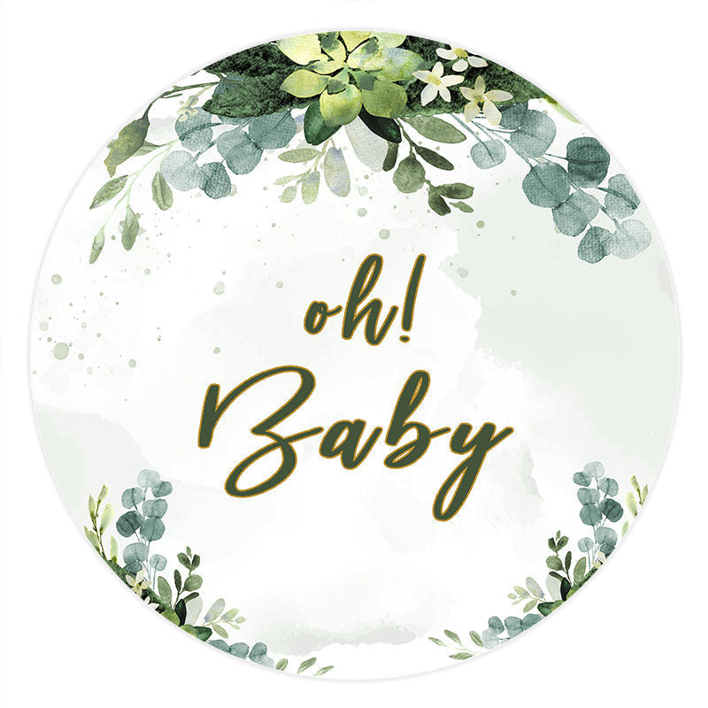 Aperturee Oh Baby Light Green Leaves Round Baby Shower Backdrop