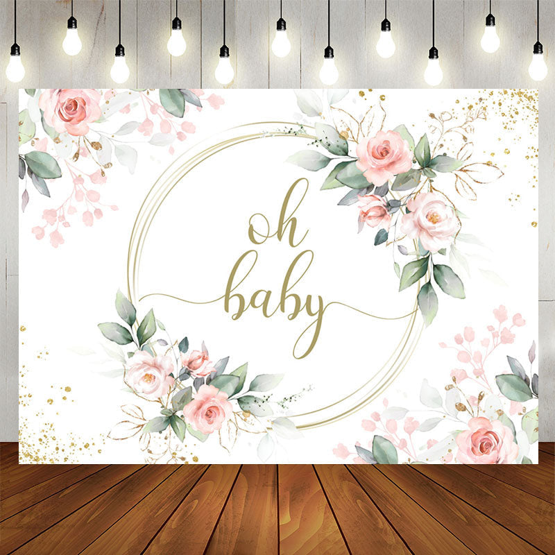 Aperturee - Oh Baby Pink Floral Green Leaves Baby Shower Backdrop