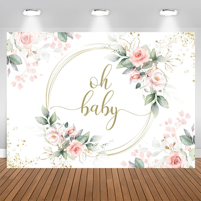 Aperturee - Oh Baby Pink Floral Green Leaves Baby Shower Backdrop