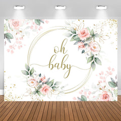 Aperturee - Oh Baby Pink Floral Green Leaves Baby Shower Backdrop