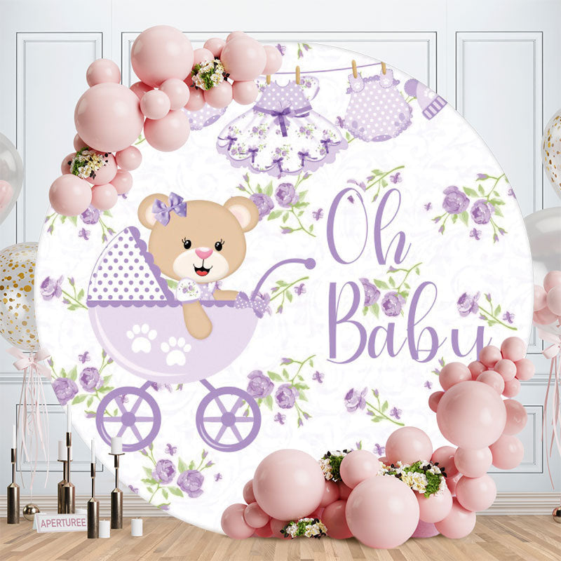 Aperturee - Oh Baby Purple Bear Round Baby Shower Backdrop