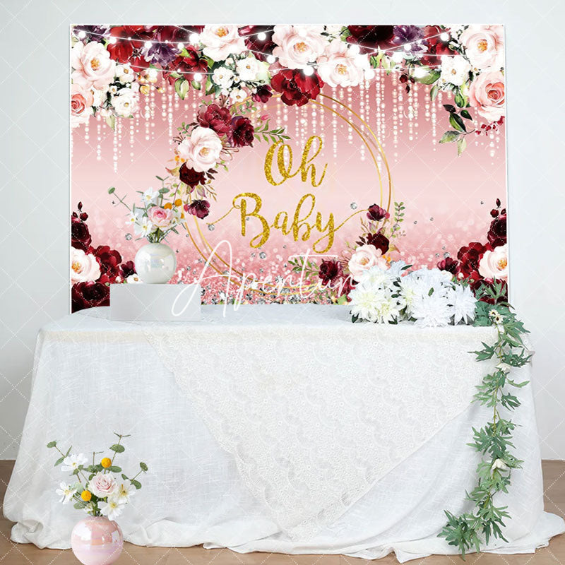 Aperturee - Oh Baby Red Pink Floral Leaf Gender Reveal Backdrop