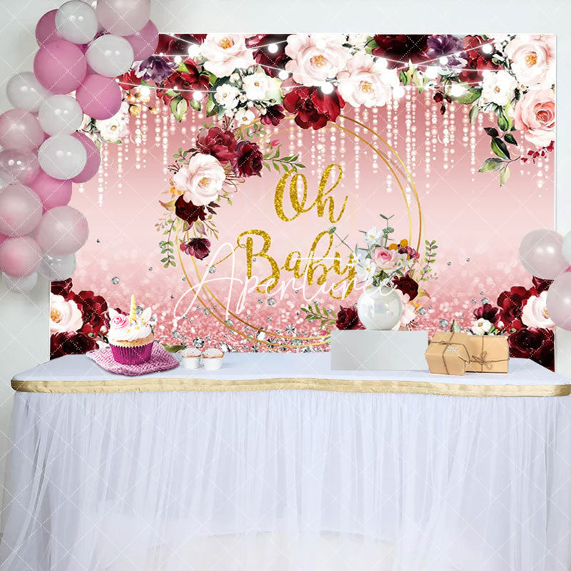 Aperturee - Oh Baby Red Pink Floral Leaf Gender Reveal Backdrop