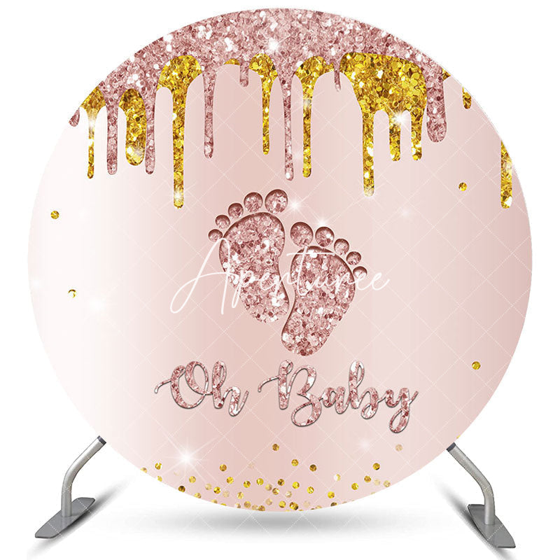 Aperturee Oh Baby Rose Gold Glitter Feet Round Baby Shower Backdrop