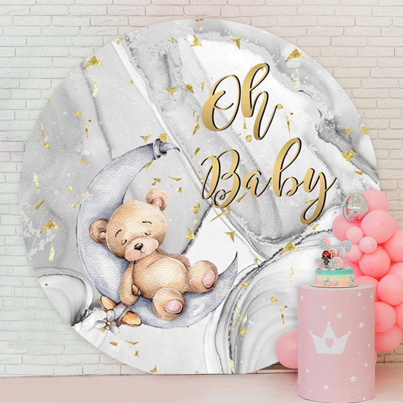 Aperturee - Oh Baby Teddy Bear Round Grey Baby Shower Backdrop