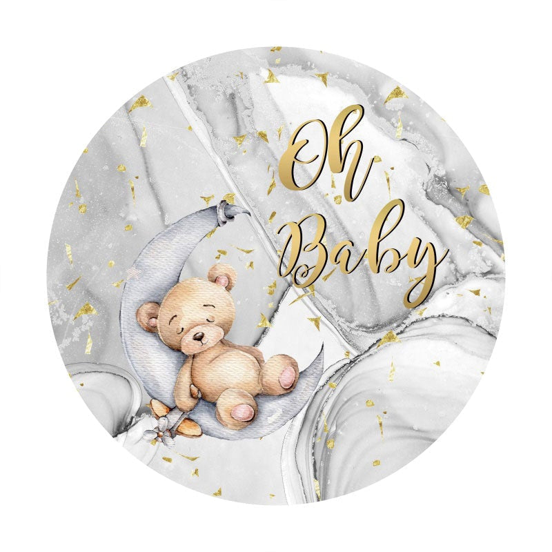 Aperturee - Oh Baby Teddy Bear Round Grey Baby Shower Backdrop