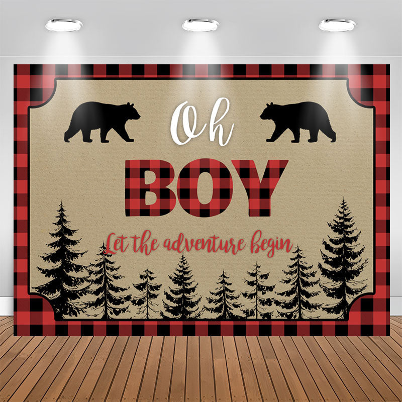 Aperturee - Oh Boy Adventure Bears Forest Red Plaid Baby Shower Backdrop