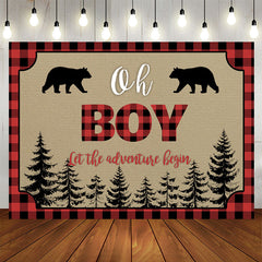 Aperturee - Oh Boy Adventure Bears Forest Red Plaid Baby Shower Backdrop