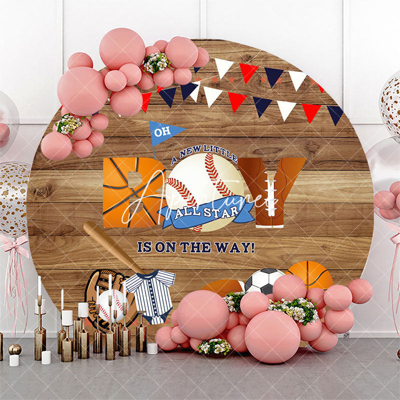 Aperturee - Oh Boy Baseball Wooden Round Baby Shower Backdrop