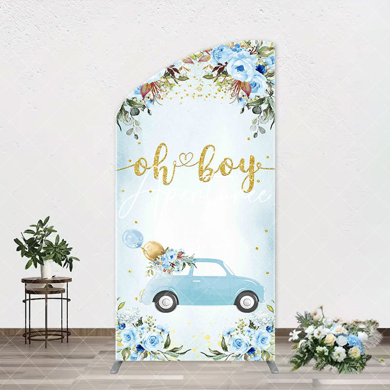 Aperturee - Oh Boy Blue Floral Car Arch Baby Shower Backdrop