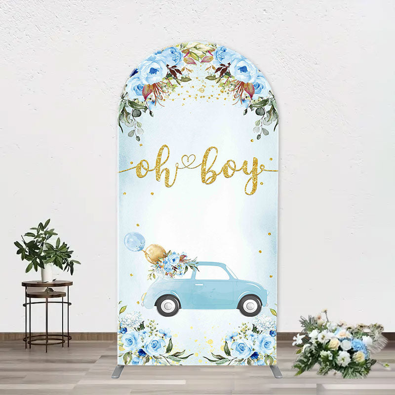 Aperturee - Oh Boy Blue Floral Car Arch Baby Shower Backdrop