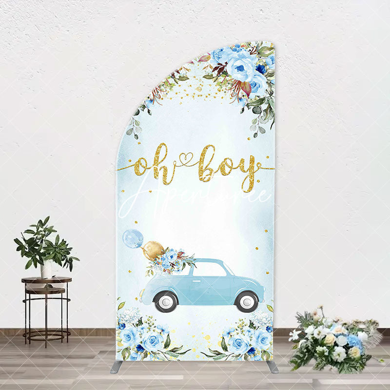 Aperturee - Oh Boy Blue Floral Car Arch Baby Shower Backdrop