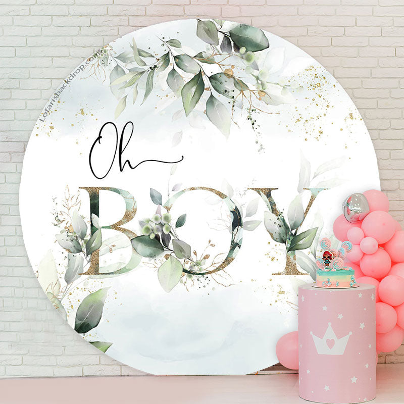 Aperturee - Oh Boy Boho Green Leaves Round Baby Shower Backdrop