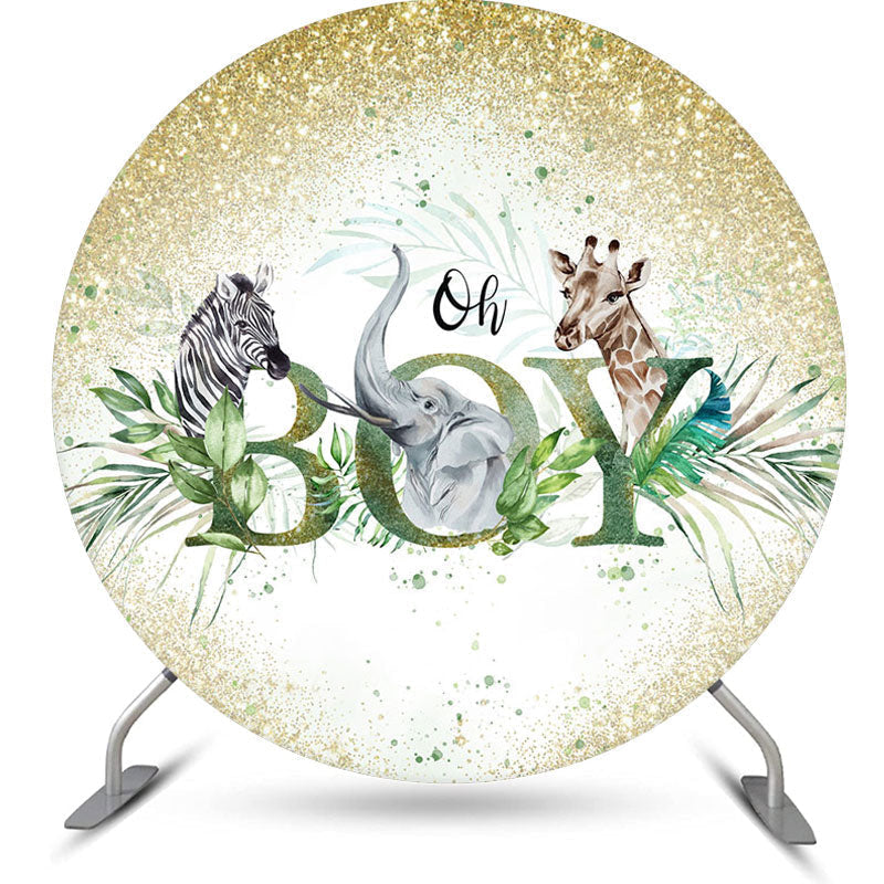 Aperturee - Oh Boy Glitter Animals Round Baby Shower Backdrop