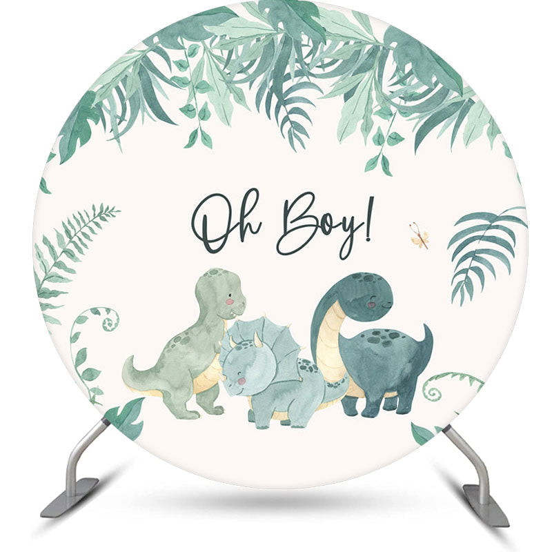 Aperturee Oh Boy Green Dinosaur Round Baby Shower Backdrop