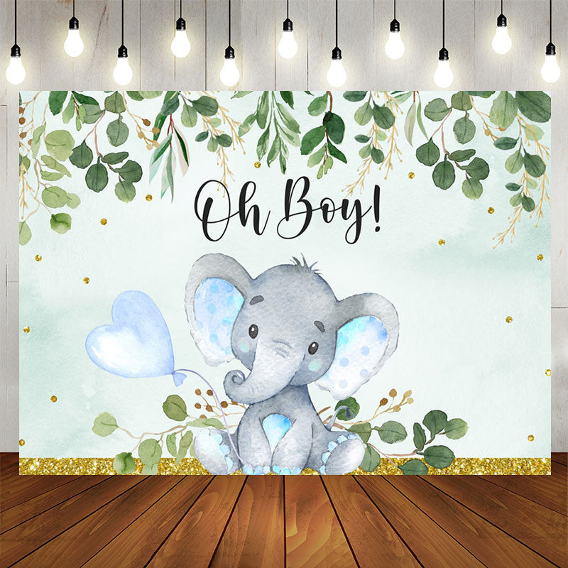 Aperturee - Oh Boy Green Leaves Blue Elephent Baby Shower Backdrop