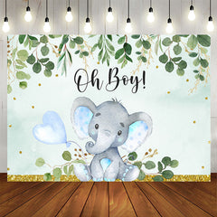 Aperturee - Oh Boy Green Leaves Blue Elephent Baby Shower Backdrop