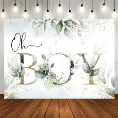 Aperturee - Oh Boy Green Leaves Gold Boho Baby Shower Backdrop